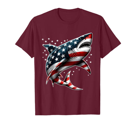 Shark American Flag USA 4th of July Funny Boys Girls Kids T-Shirt