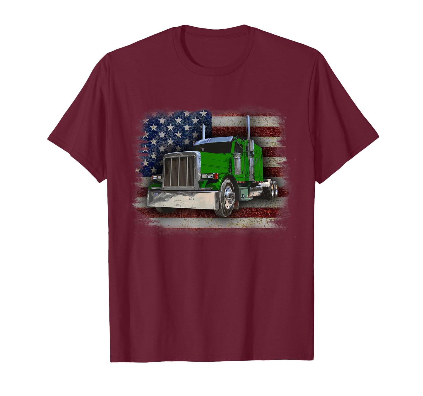 American Flag and Green Big Rig Patriotic Trucker T-Shirt