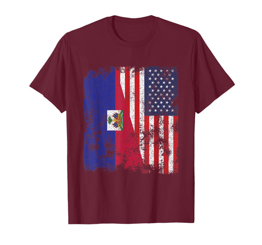 Haiti USA Flag Distressed - Half American T-Shirt for Women Kids Men
