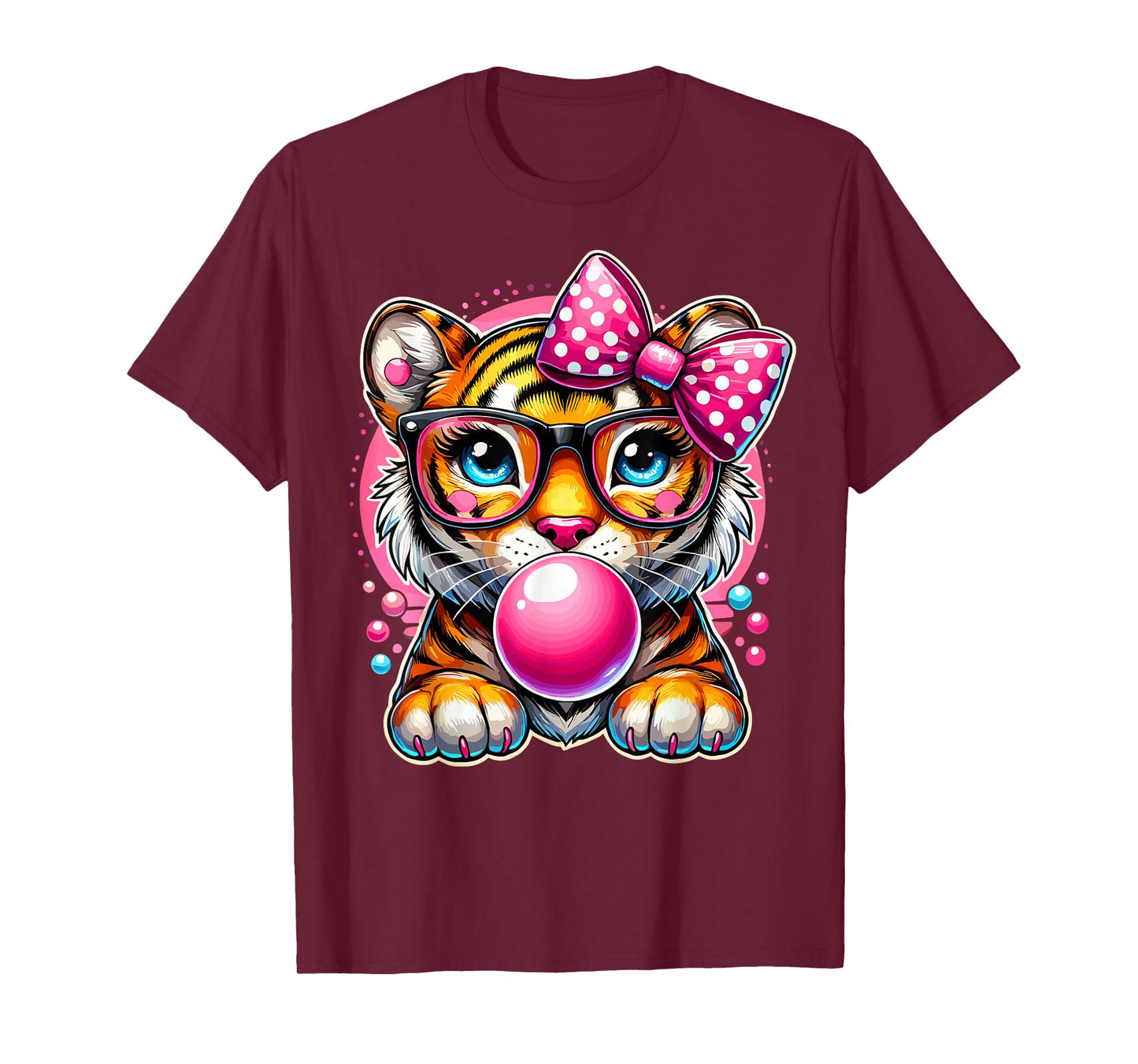 Cute Tiger with Glasses Bubblegum and Bow T-Shirt