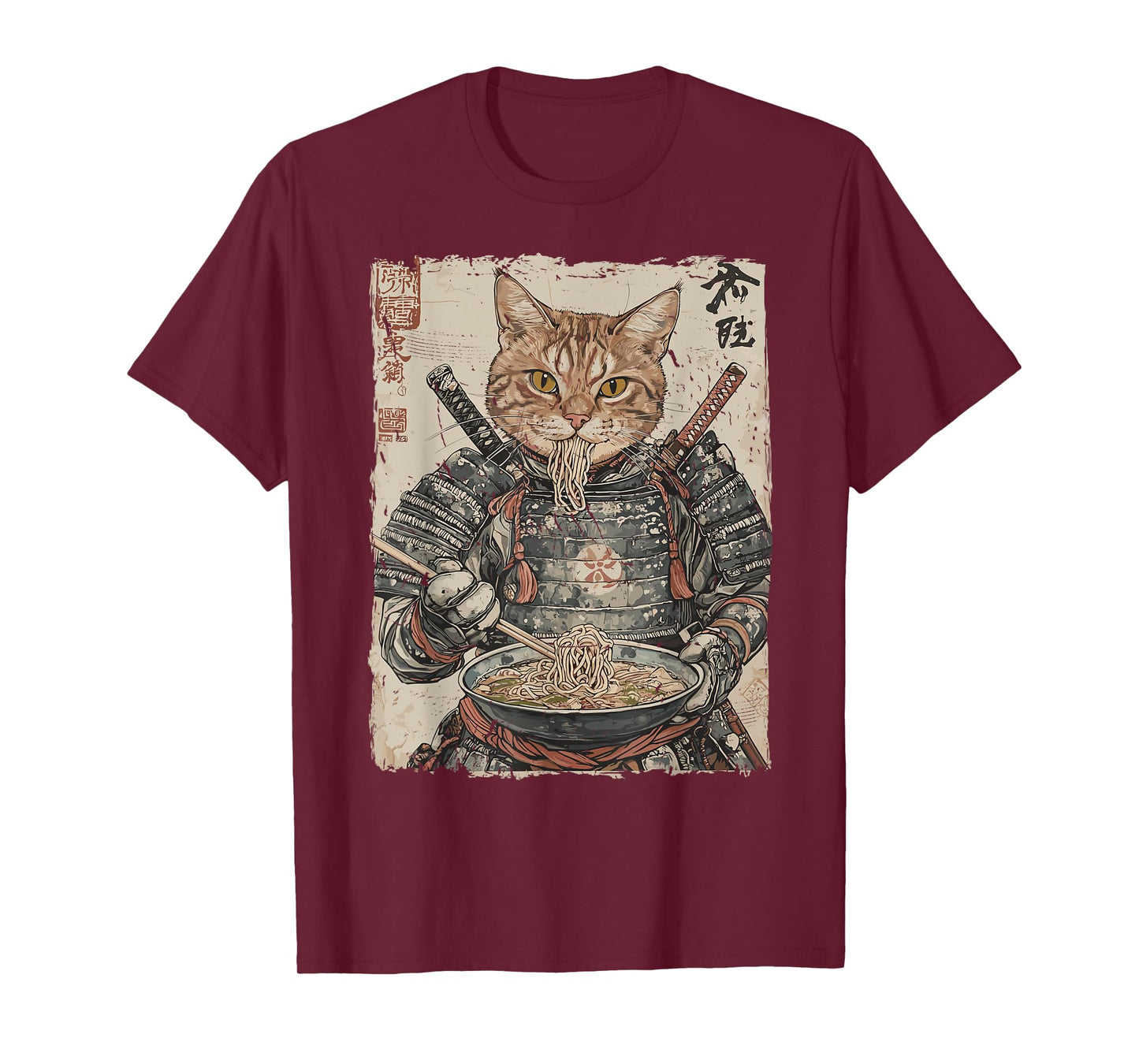 Samurai Cat Loves Ramen Funny Anime Japanese Artwork Samurai T-Shirt
