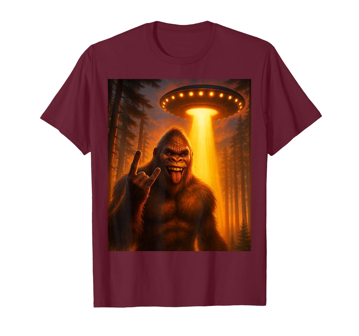 Sasquatch Bigfoot Selfie with UFO Alien Rock On Gift Graphic T-Shirt