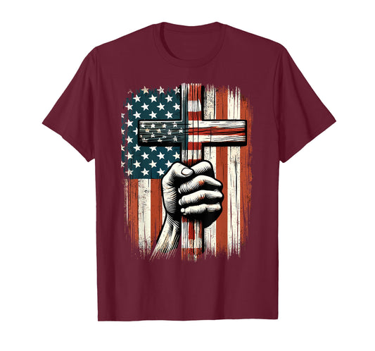 American USA Flag Christian Cross Jesus 4th of July T-Shirt