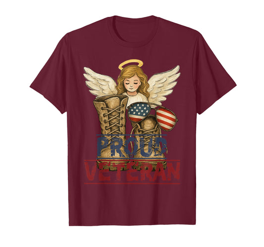 Proud Veteran Angel Wings with Combat Boots and USA Flag T-Shirt