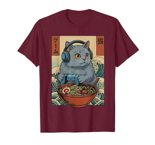 Cute Kawaii Gamer Cat Funny Ramen Retro Japanese Cat Gaming T-Shirt