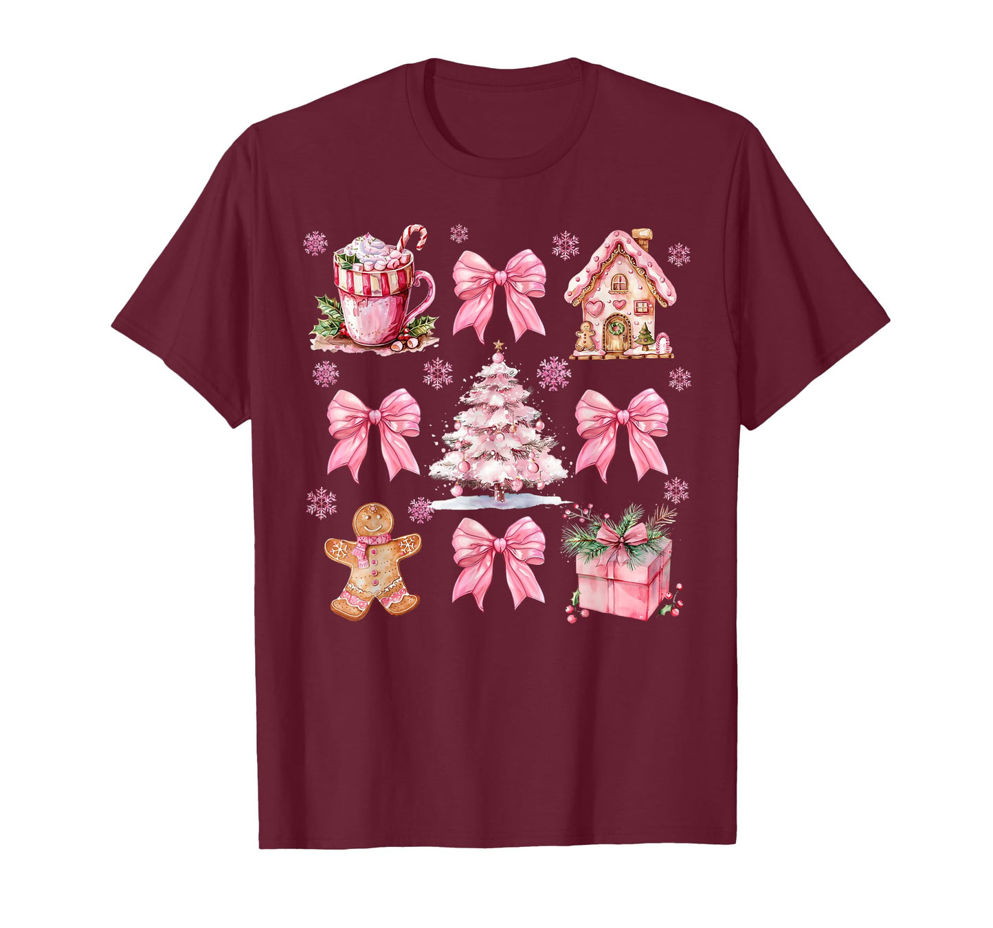 Cute Pink Coquette Bow Gingerbreads Coffee Family Xmas Tree T-Shirt