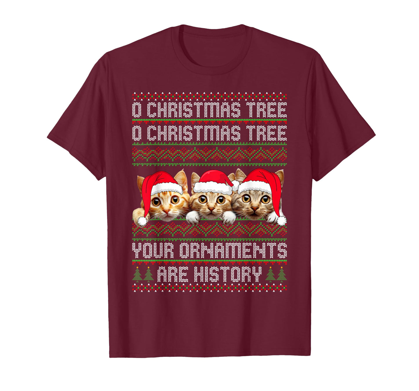 3 Cat Christmas Tree Ugly Sweater Santa Hat Funny Cat Xmas T-Shirt