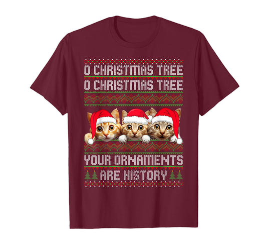 3 Cat Christmas Tree Ugly Sweater Santa Hat Funny Cat Xmas T-Shirt