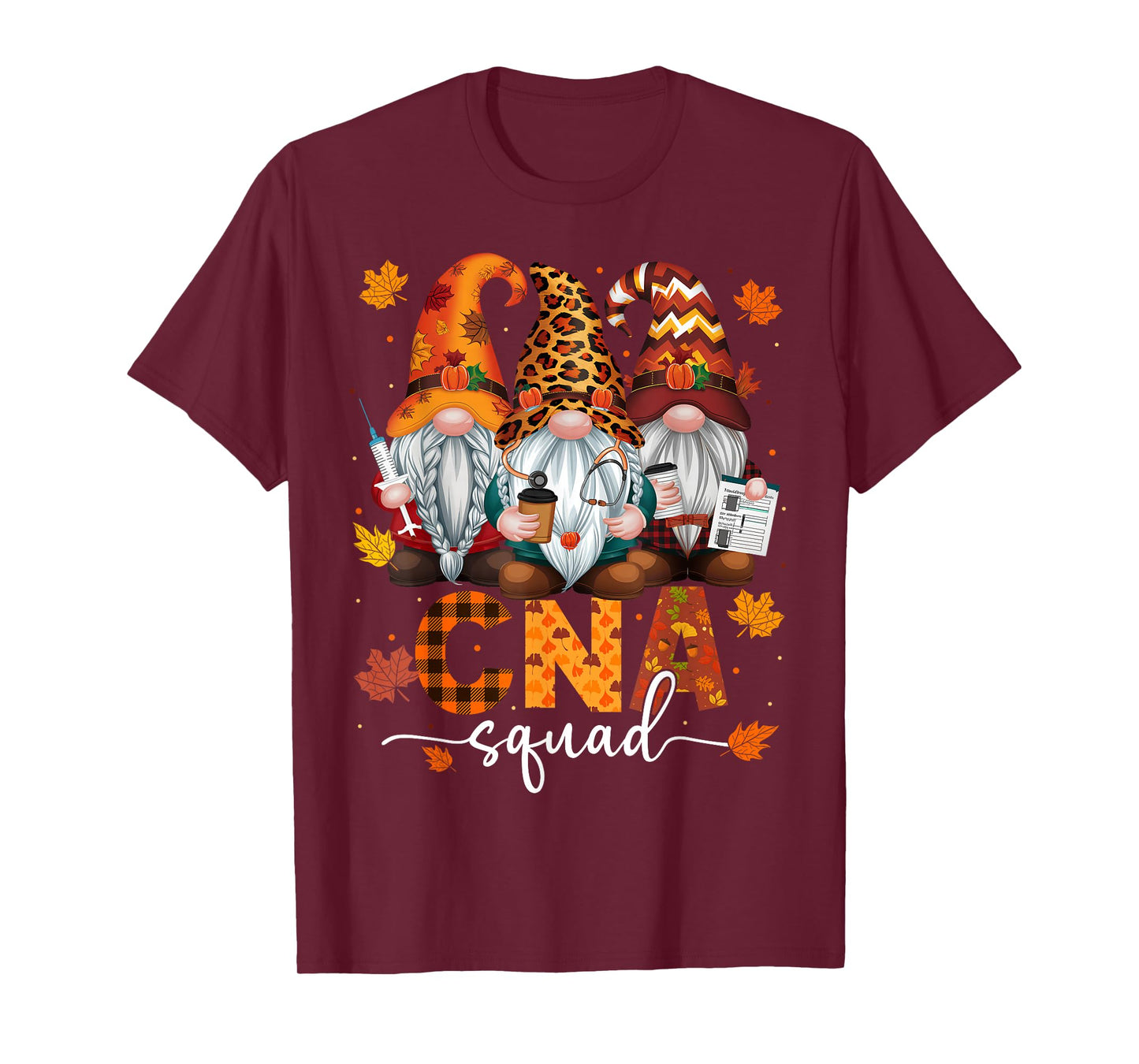 CNA Squad Gnome Nurse Leopard Thanksgiving Stethoscope T-Shirt