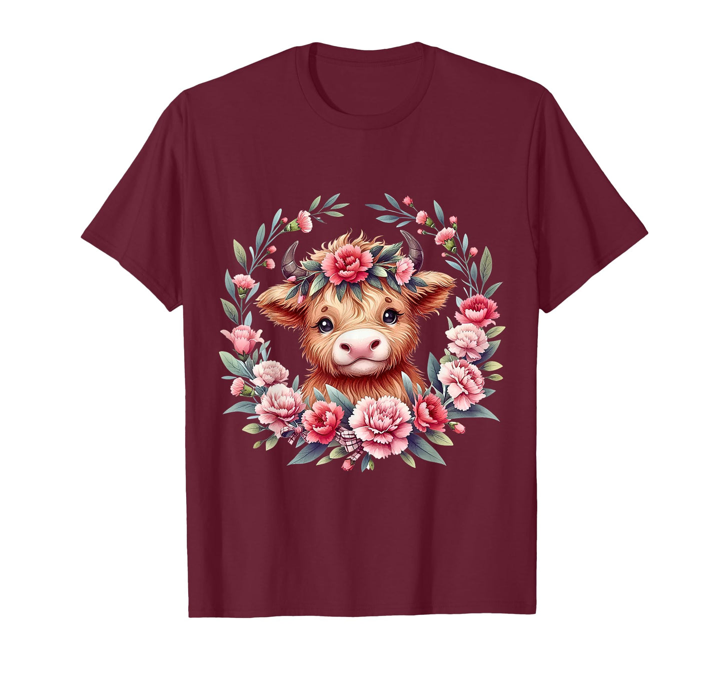 Cute Baby Highland Cow With Carnation Flower Scottish Farm T-Shirt