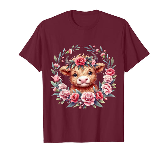 Cute Baby Highland Cow With Carnation Flower Scottish Farm T-Shirt