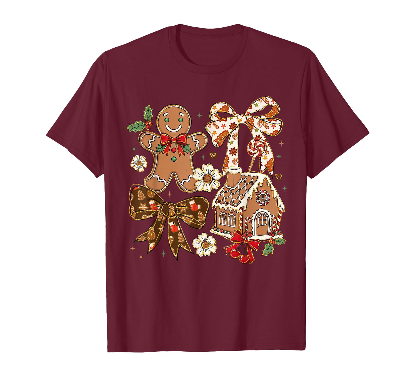 Christmas Gingerbread House Coquette Bow Xmas Girls Women T-Shirt