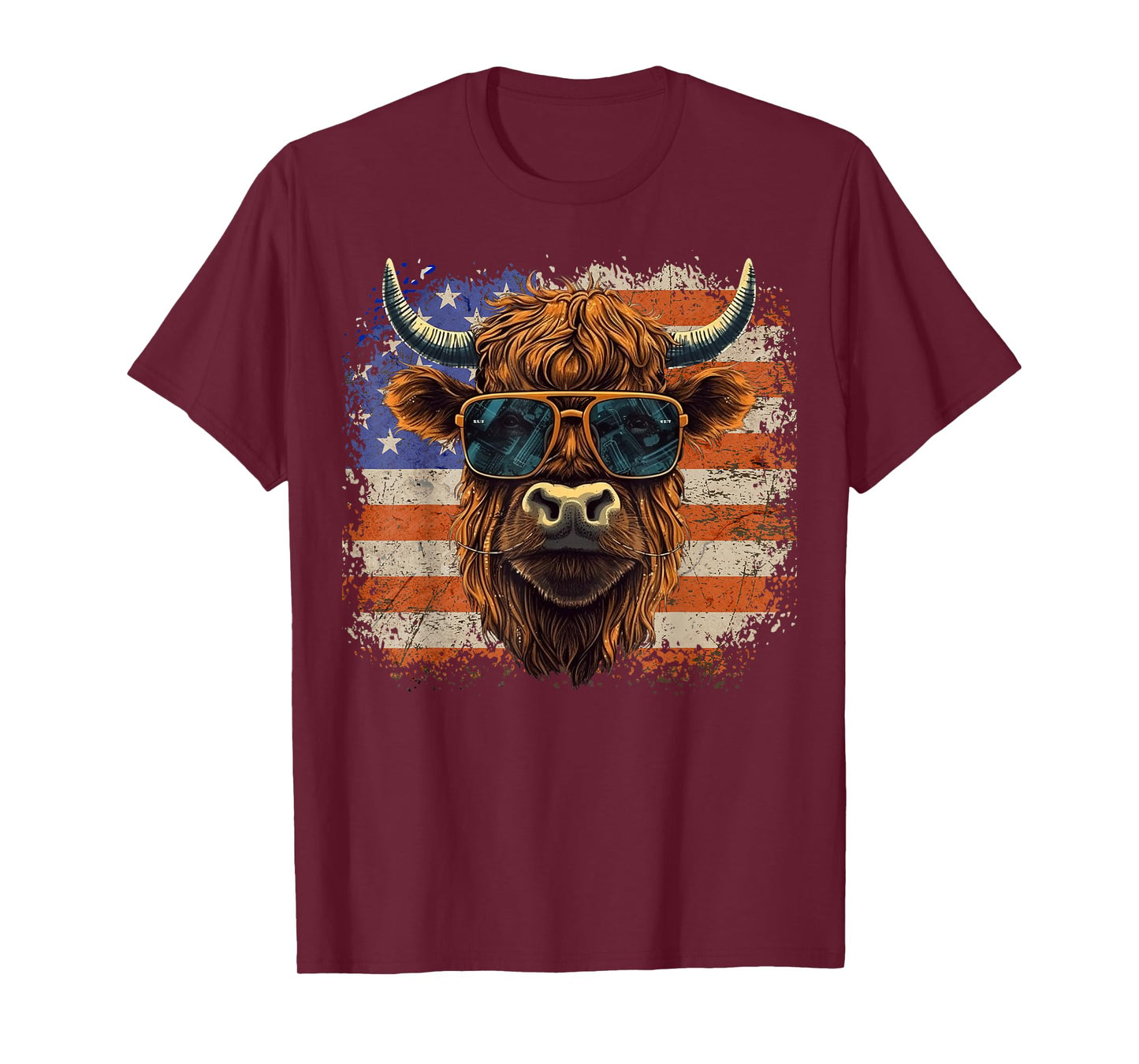 American Flag, Highland Cow-Fourth of July, Cow Lover Cool T-Shirt