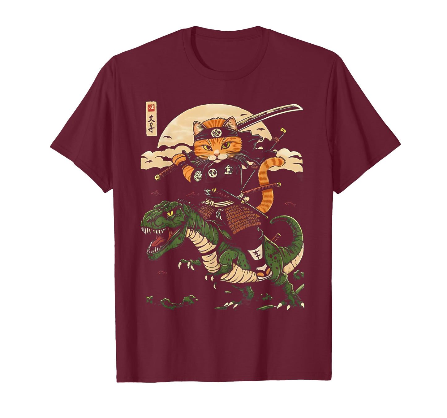 Samurai Cat Riding Dinosaur Vintage Warrior Japanese Art Tee T-Shirt