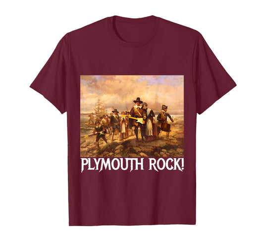 Plymouth Rock! Thanksgiving Pilgrims Rocking Guitars & Drum T-Shirt