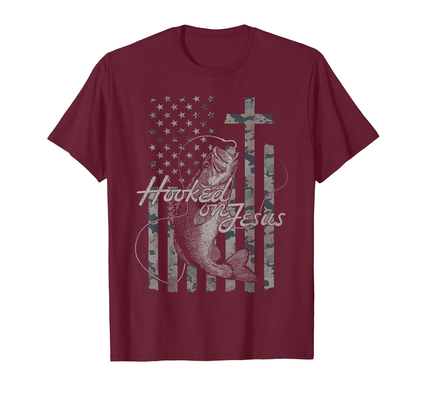 Hooked on Jesus Christian American Flag Fishing T-Shirt
