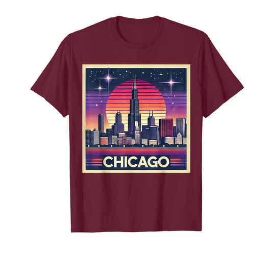 Vintage Chicago Illinois City Night Skyline Shirt Men Women T-Shirt