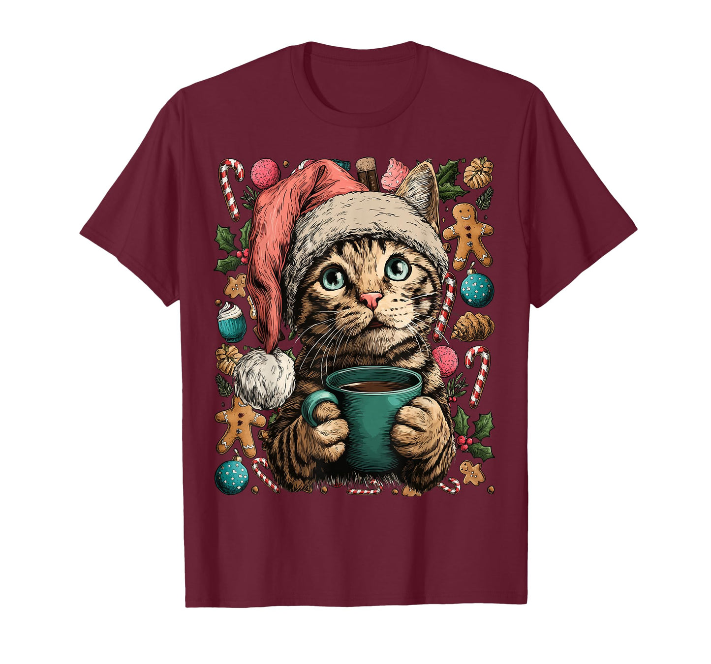 Christmas Tabby Cat with Santa Hat Cocoa Cookies Kitten T-Shirt