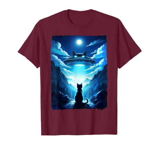 Alien Cat UFO Spaceship Night Sky Fantasy Funny Sci-Fi Art T-Shirt