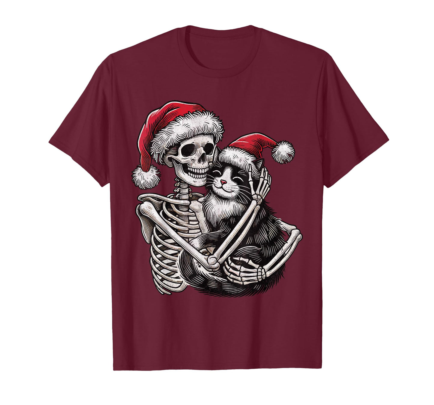 Skeleton Hugging Cat christmas Cat Lover Cat Mom Dad T-Shirt