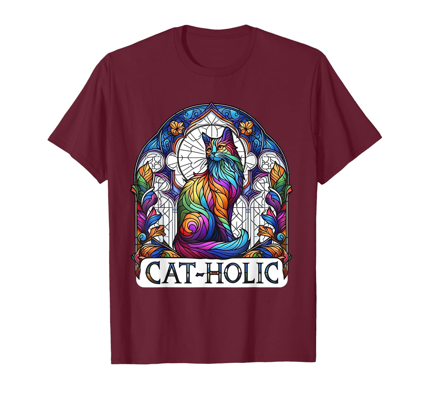 Cat-holic. Funny Catholic. Stained Glass Cat. T-Shirt
