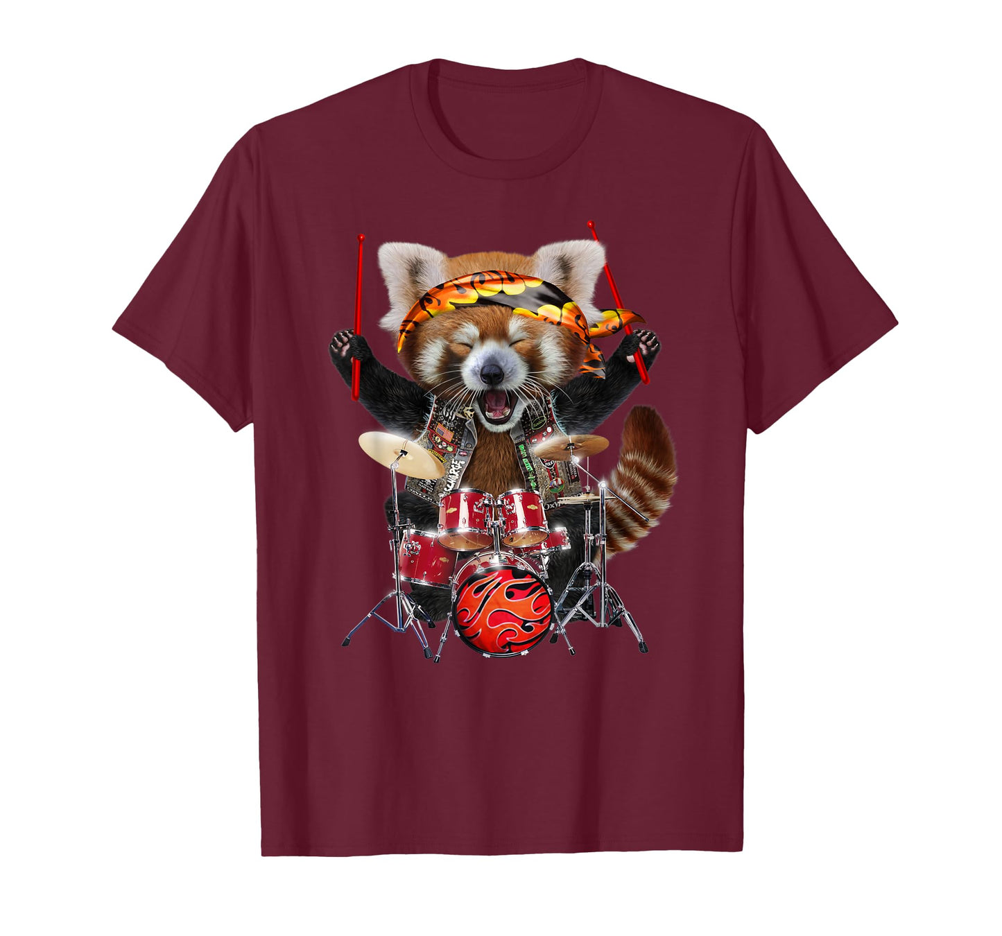 Punk Red Panda Play Drum in Heavy Metal Band - T-Shirt