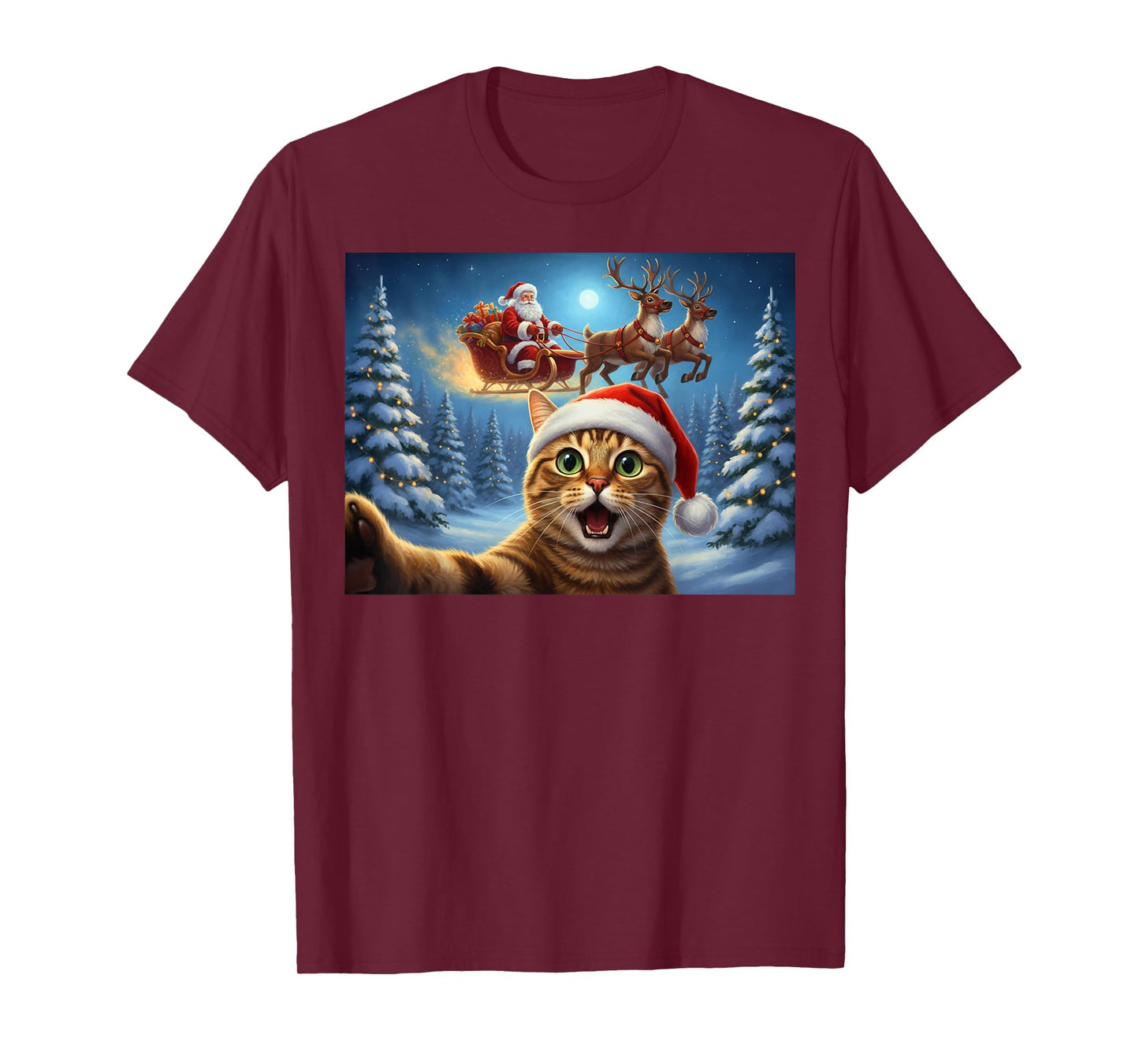 Cat Selfie Santa Claus Sleigh Reindeer Christmas Xmas Eve T-Shirt