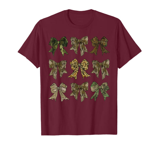 Girls Camo Coquette Bow American Army Flag Camouflage Hunter T-Shirt