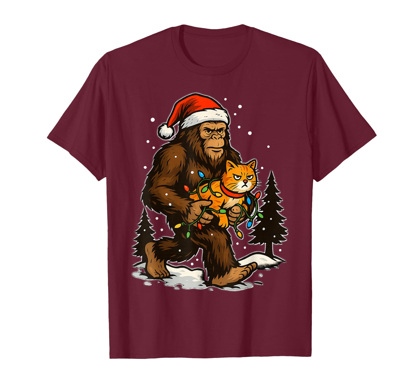 Christmas Bigfoot with Cat and Lights Santa Hat Funny Xmas T-Shirt