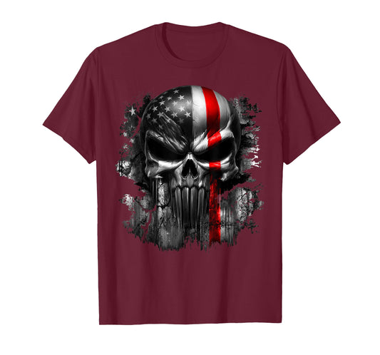 USA American Skull Patriotic Flag Red Line Grunge Graphic T-Shirt
