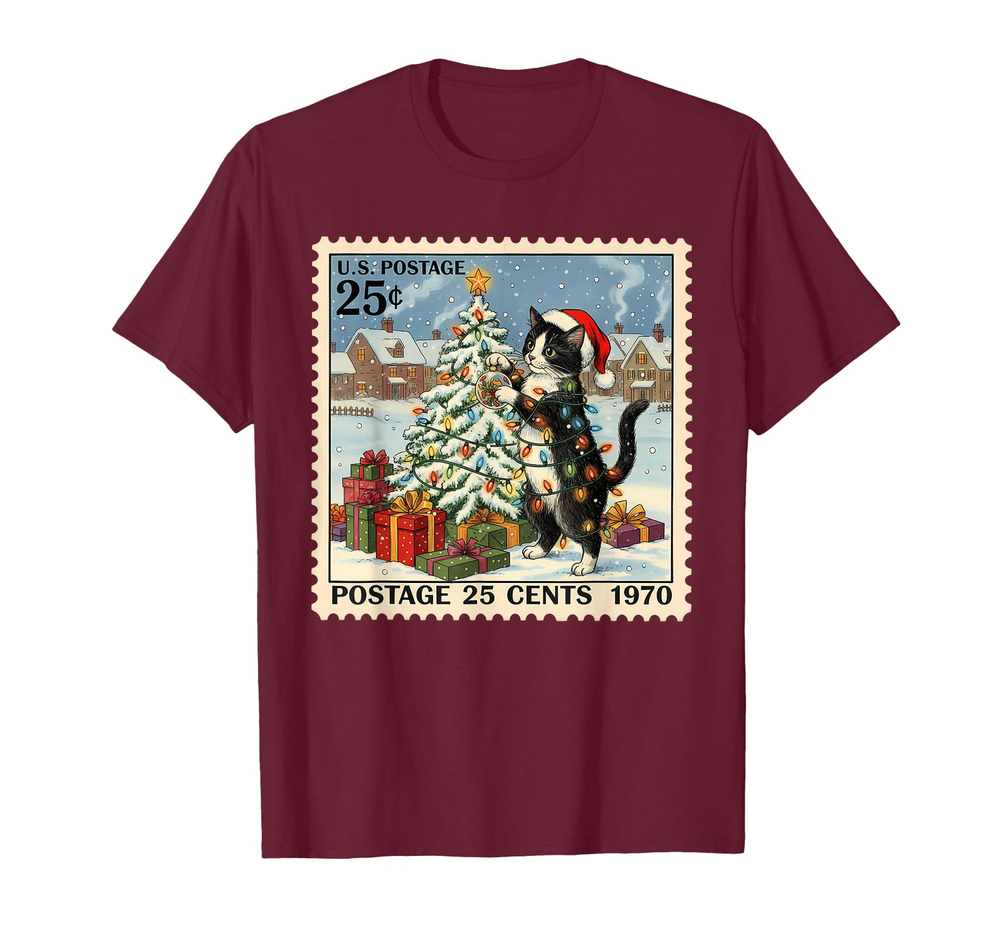 Christmas Xmas Tuxedo Cat Lover Vintage Postage 25 Cents T-Shirt