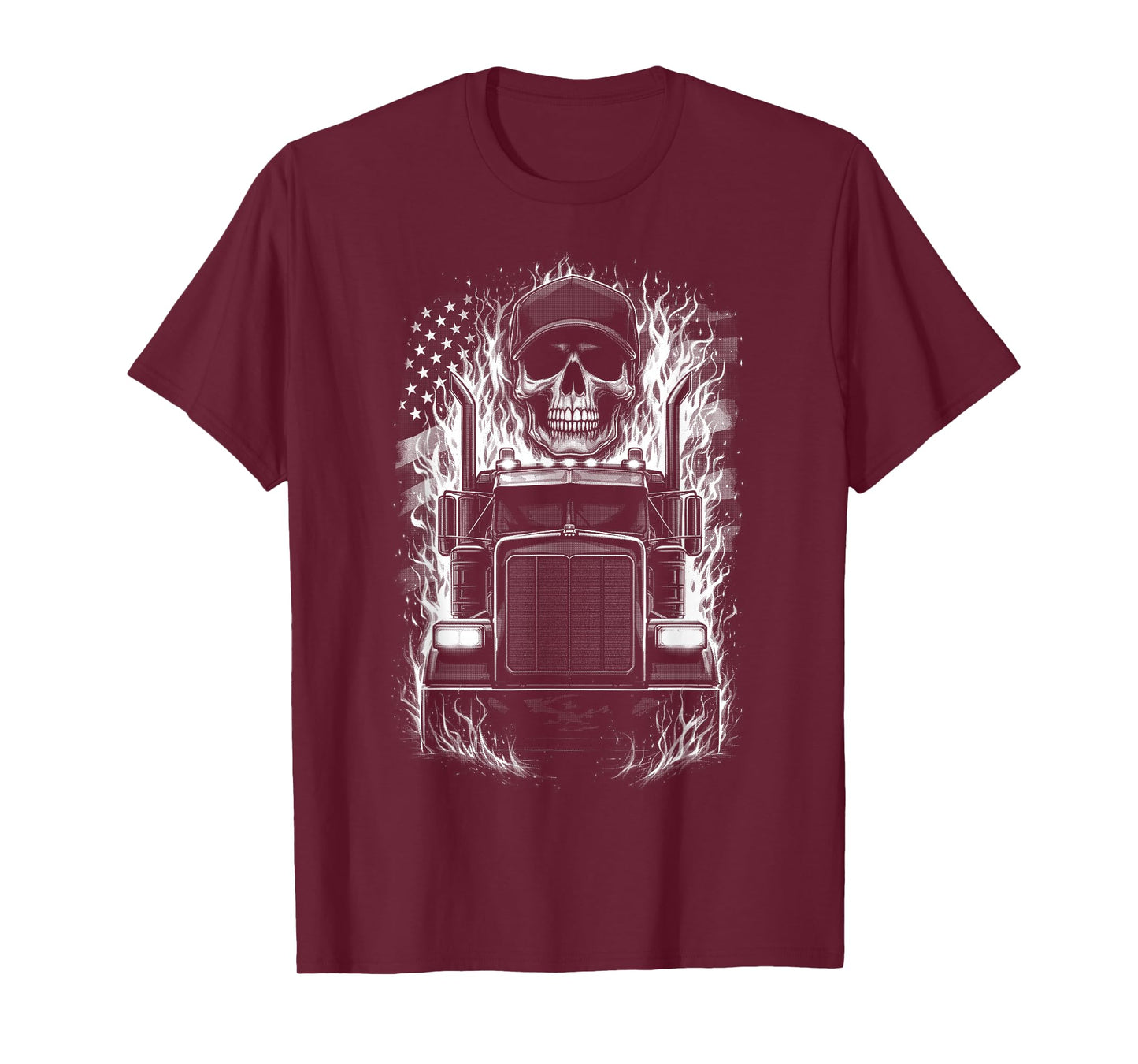Trucker Patriotic American Flag Semi Truck Driver Skull T-Shirt
