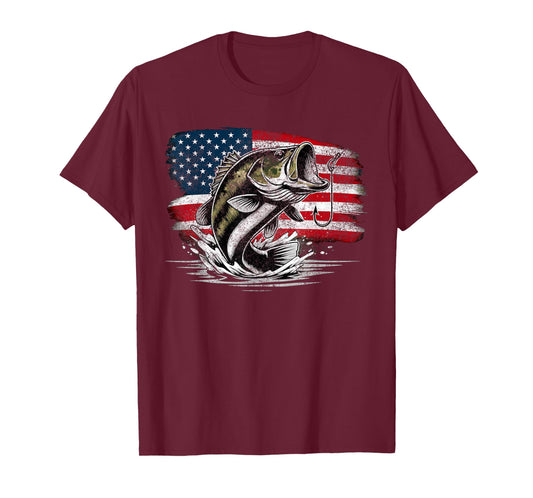 Fishing Retro US American Flag Bass Fish Fisherman Camo T-Shirt