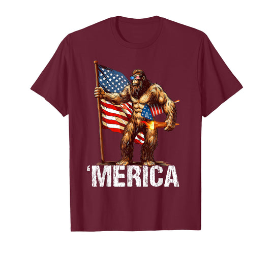 Bigfoot Merica Rock American Flag Patriotic 4th Of July T-Shirt