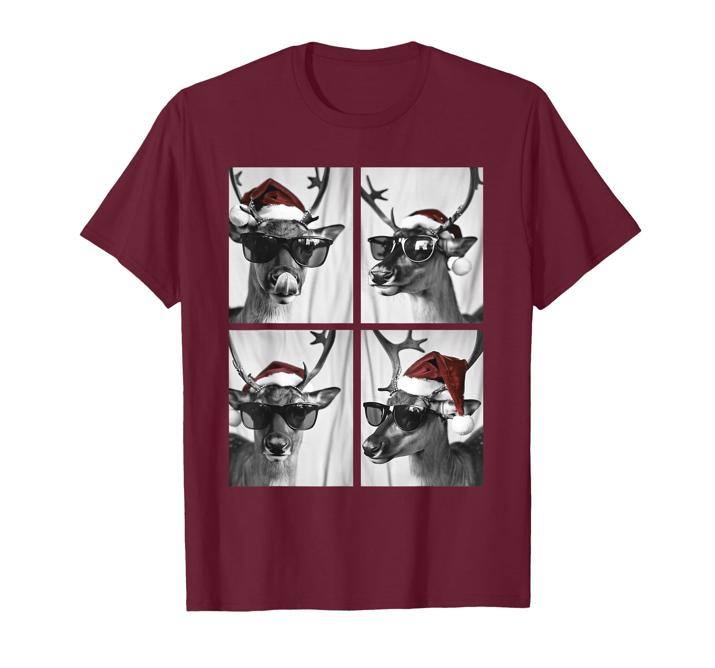Funny Christmas Deer with Sunglasses Santa Hat Festive Meme T-Shirt