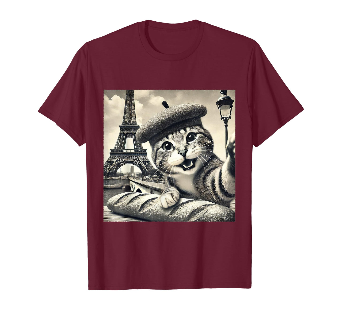 Paris Cat in Beret with Baguette Funny Eiffel Tower T-Shirt