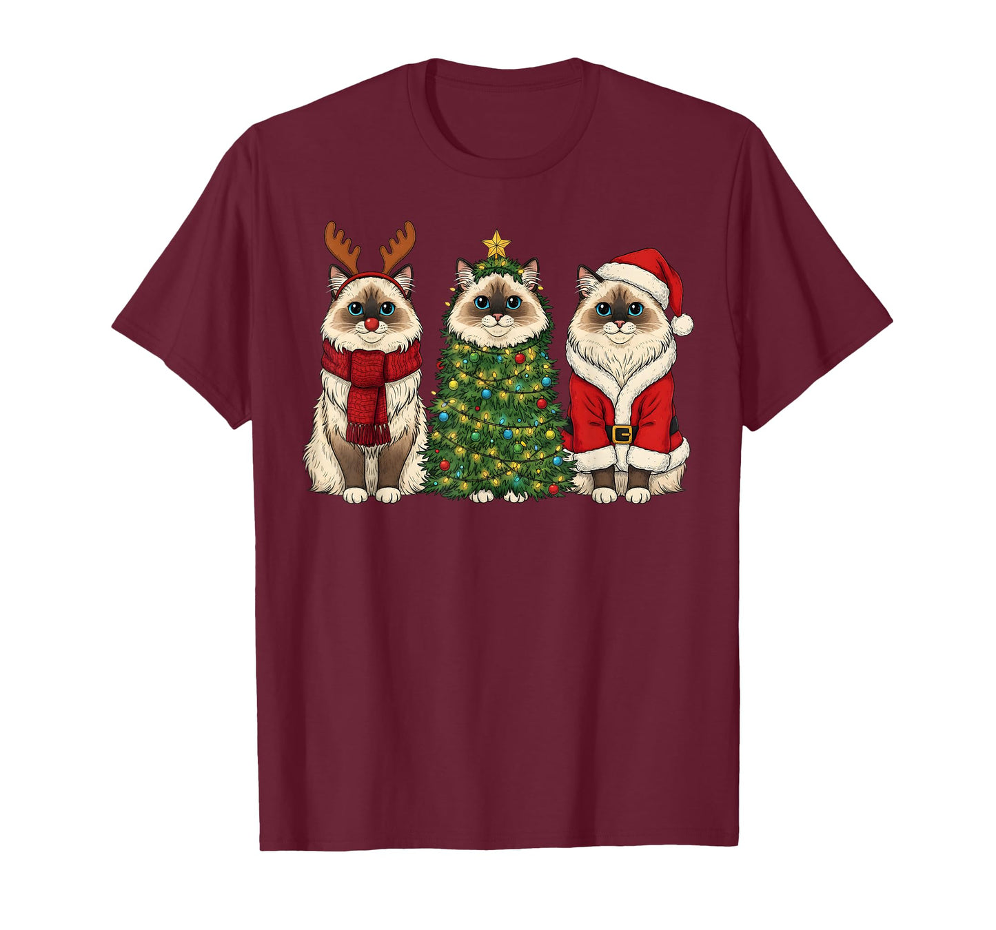 Retro Christmas Ragdoll Cat Santa Reindeer T-Shirt