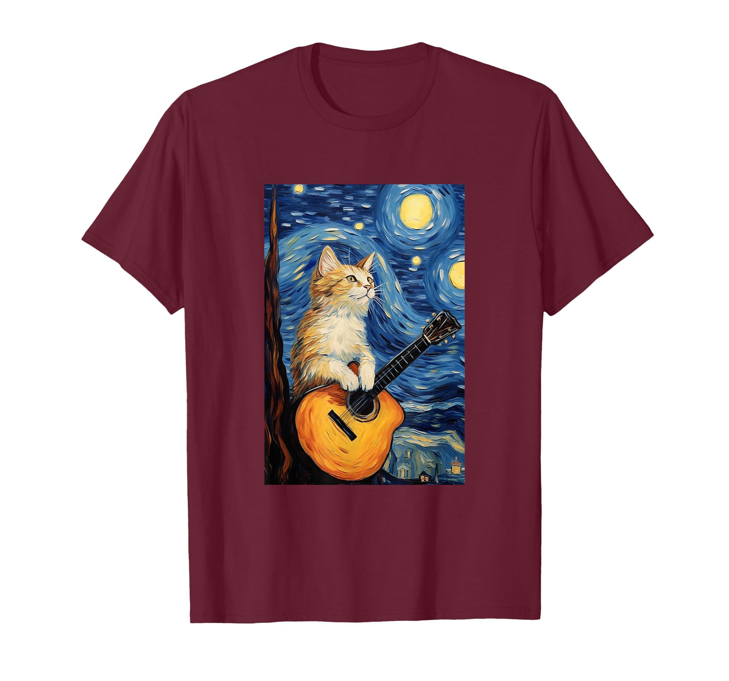 Cat Playing Guitar - Van Gogh Style - Starry Night T-Shirt