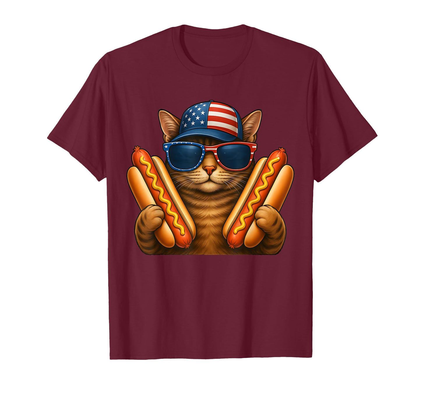 Cat with American Flag in a Hat and Hotdog for 4th of july Men Women Kids T-Shirt