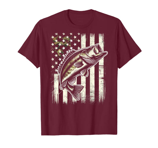 American Flag Camo Bass Fish Fishing T-Shirt