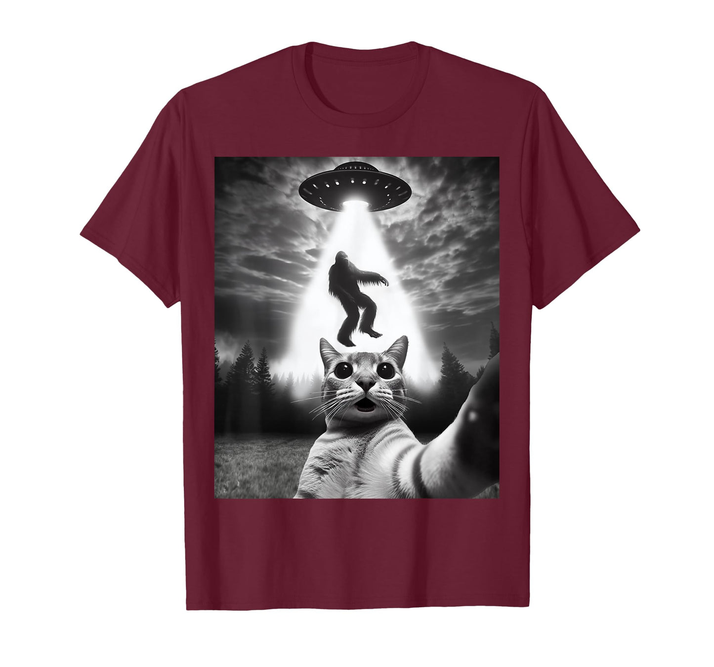 Funny Cat Selfie Flying Alien UFO Abducting Bigfoot Cryptid T-Shirt