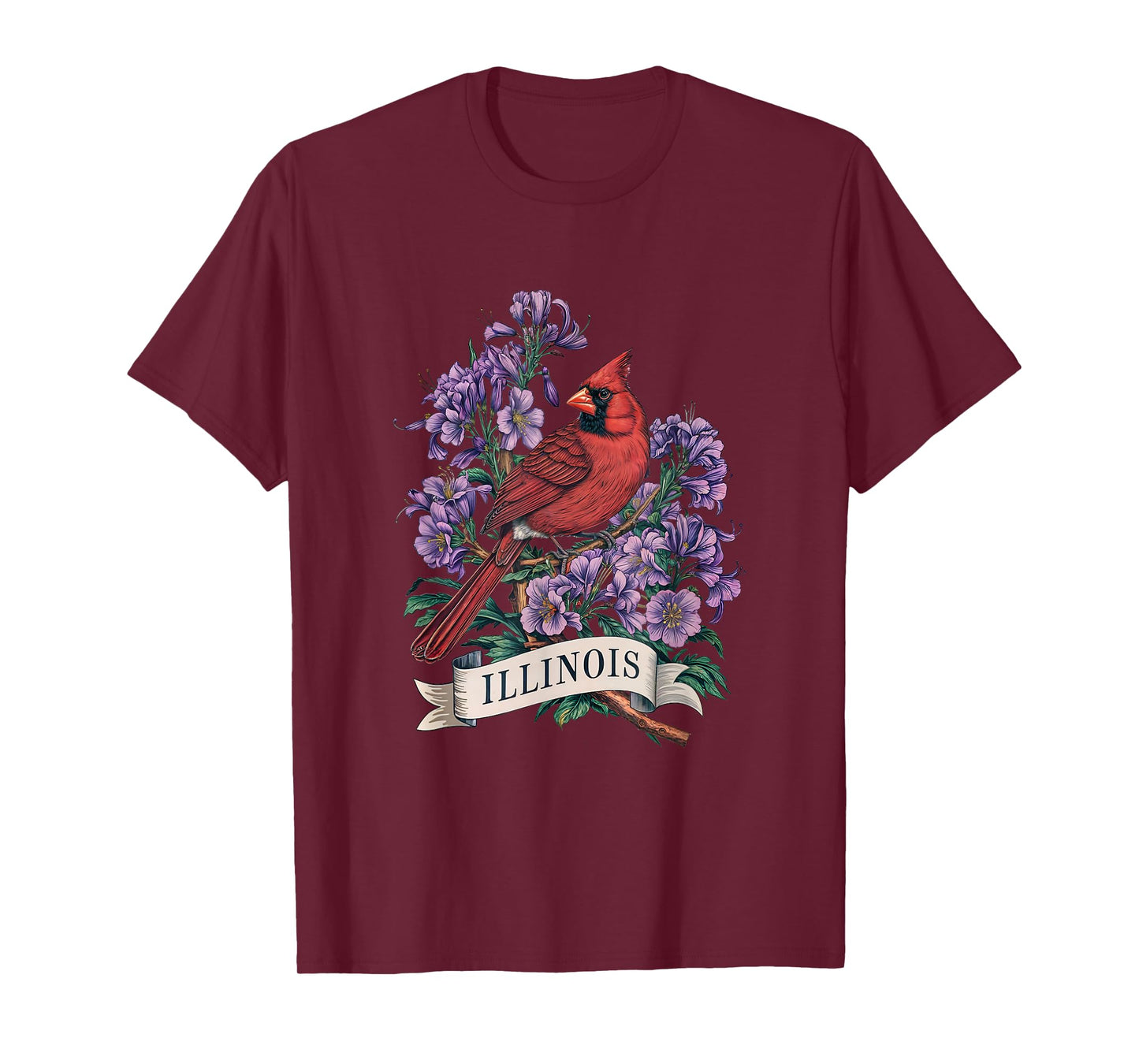 Illinois Northern Cardinal Bird and Violet Flower T-Shirt
