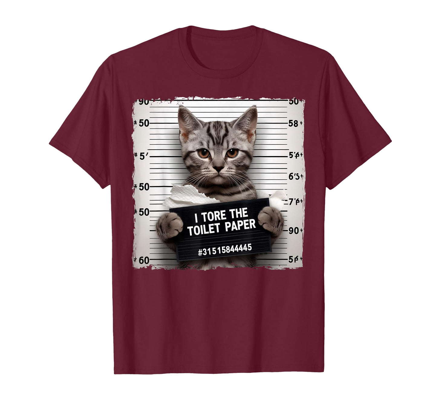 Funny Grey Cat Mugshot I Tore The Toilet Paper Humor T-Shirt