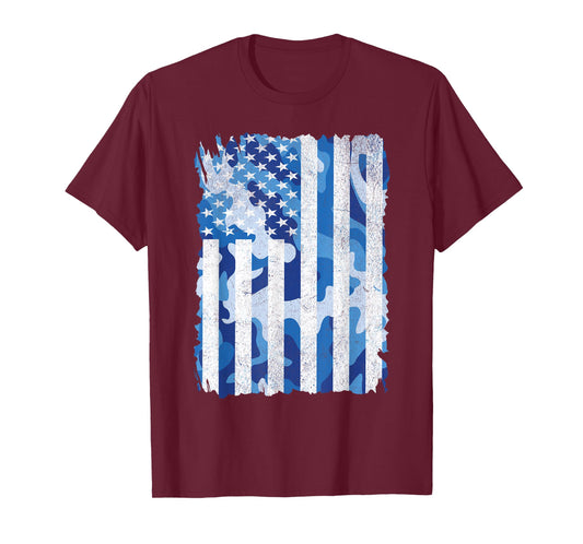 Blue Camo American Flag USA Camouflage Men Boys Youth Kids T-Shirt