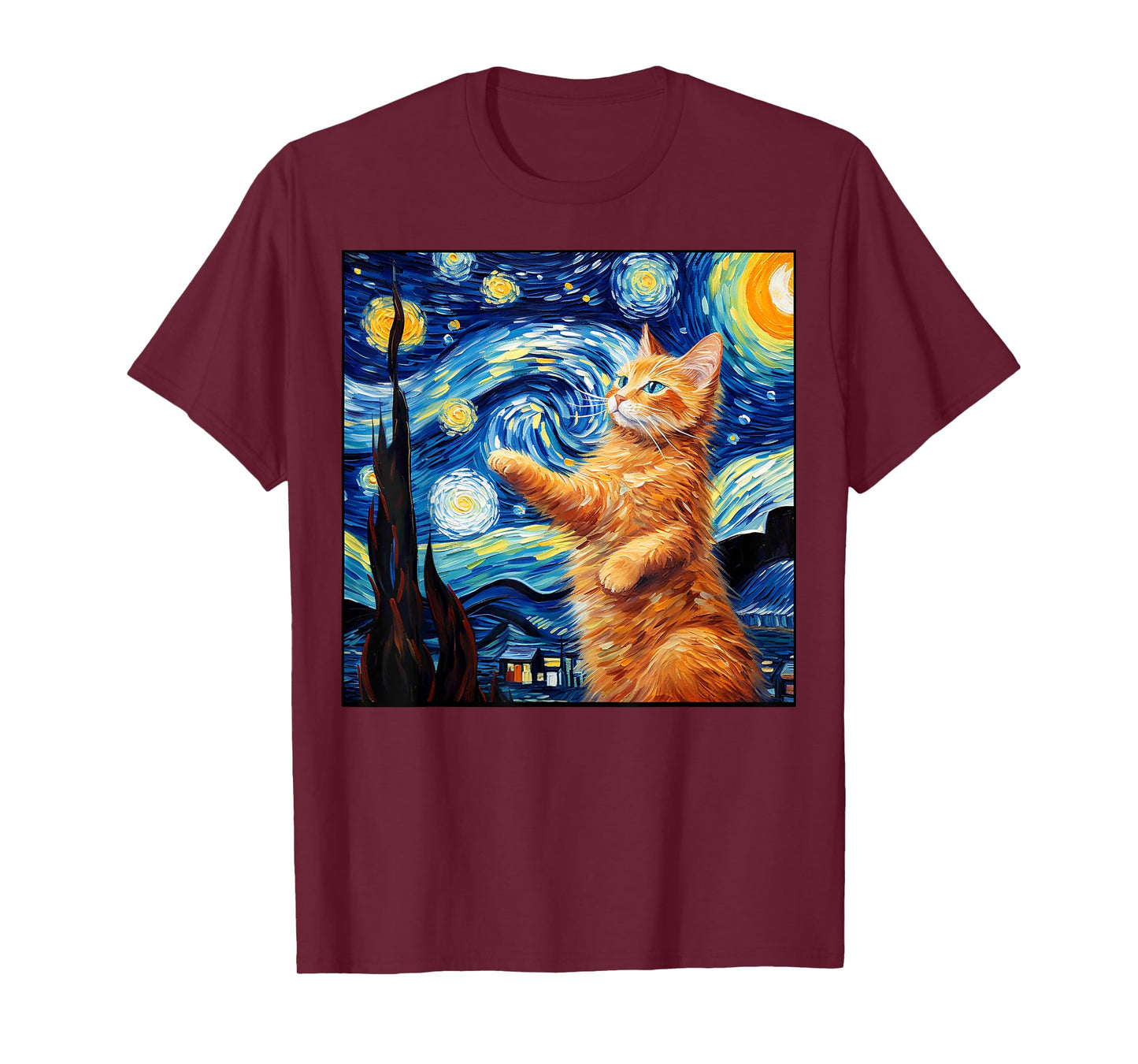 Art Van Gogh Starry Night Cat Painting Cats Lover Mom Dad T-Shirt