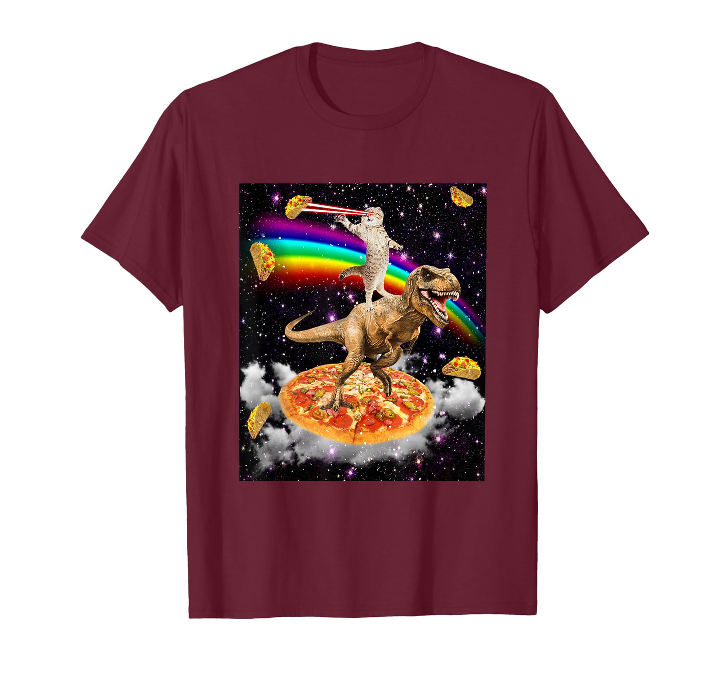 Galaxy Laser Cat on Dinosaur on Pizza with Tacos & Rainbow T-Shirt