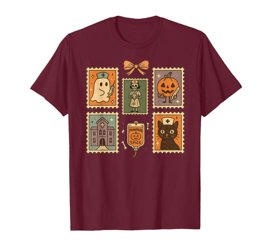 Coquette Nurse Halloween Stamps Cat Ghost Boo Pumpkin T-Shirt