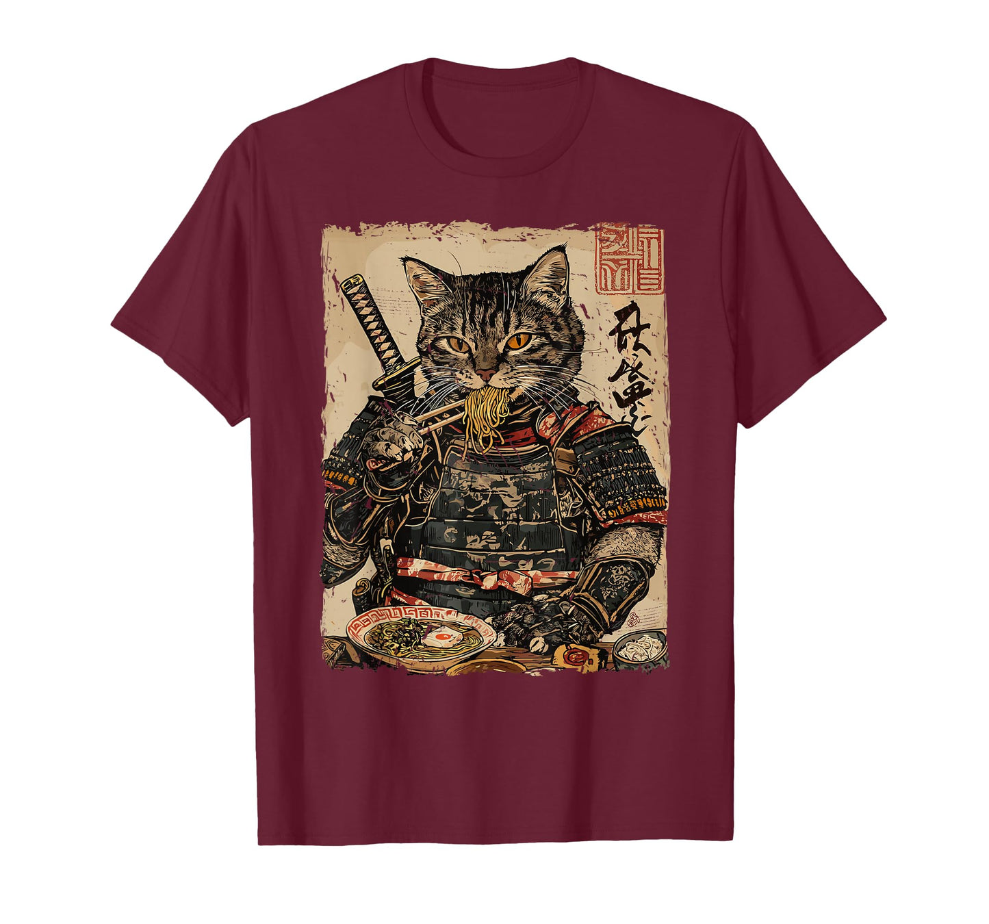 Samurai Cat Loves Ramen Funny Anime Japanese Artwork Samurai T-Shirt