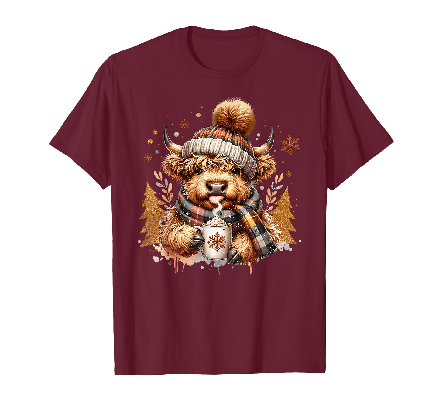 Cute Highland Cow Drinking Coffee Latte Winter Christmas T-Shirt