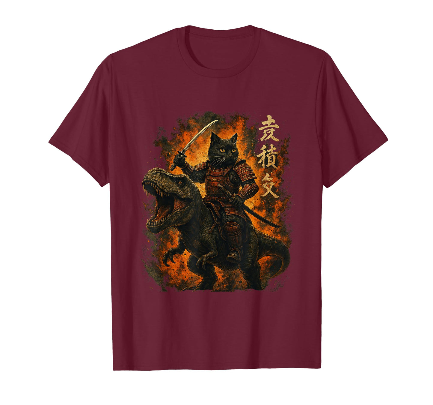 Samurai Cat Riding Dinosaur Japanese Black Cat Kanji T-Shirt